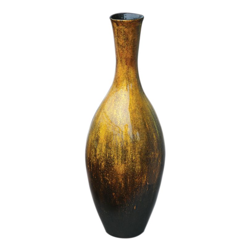 IA Crafts Tall Brownish Yellow And Black Vietnamese Lacquer Painting Vase
