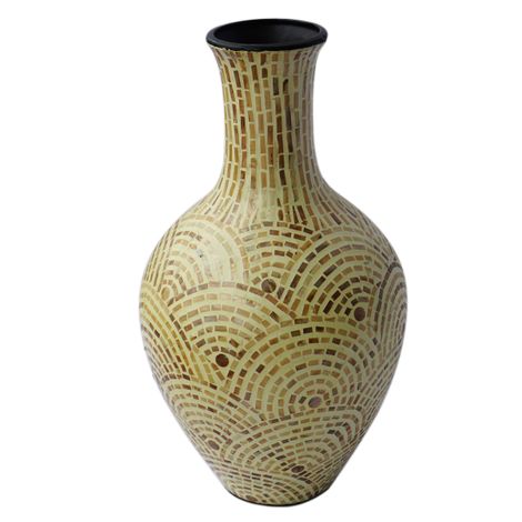 IA Craft Mother of Pearl Vietnamese Lacquer Pottery Vase with Wavy Mosaic Design 