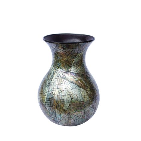 IA Crafts Ash-grey Mother of Pearl inlaid Vietnamese Lacquer Painting Pottery Vase With Mosaic Design