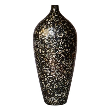 IA Crafts Mother of Pearl Inlaid Lacquer Pottery Vase With Black Square-Shaped Design 