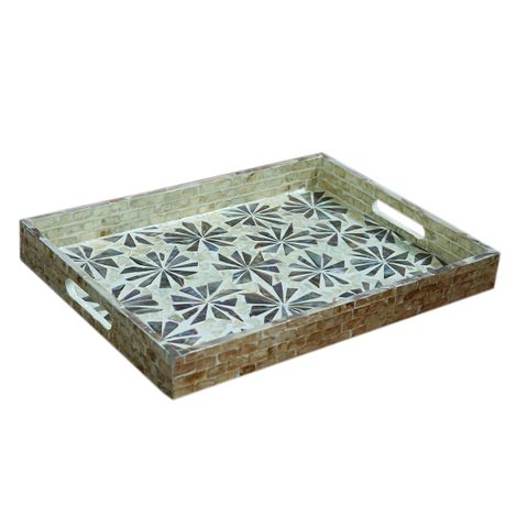 IA Crafts Rectangular Cream-Colored Mother of Pearl Inlaid Vietnamese lacquer painting Tray with Mosaic Design 