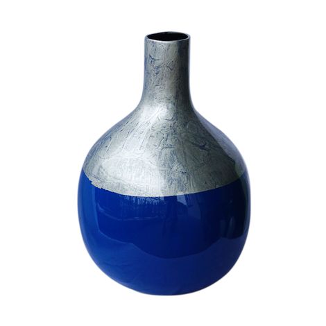 IA Crafts Vietnamese Lacquer Painting Vase With Silver Neck And Blue Body