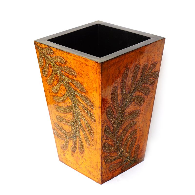 IA Crafts Trapezium-Shaped Vietnamese Lacquer Bin with Glittering Yellow Leaf Design