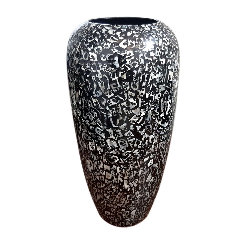 IA Crafts Cylinder Mother of Pearl Inlaid Lacquer Pottery Vase With Black Square-Shaped Design 