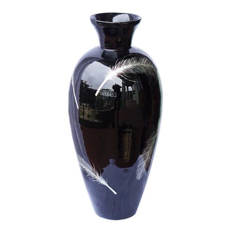 IA Crafts Black Vietnamese Lacquer Vase With White Feather Design