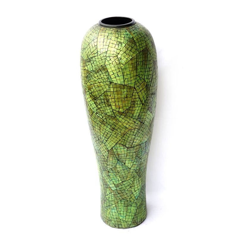 IA Crafts Tall Green Mother of Pearl inlaid Vietnamese Lacquer Painting Pottery Vase With Mosaic Design 