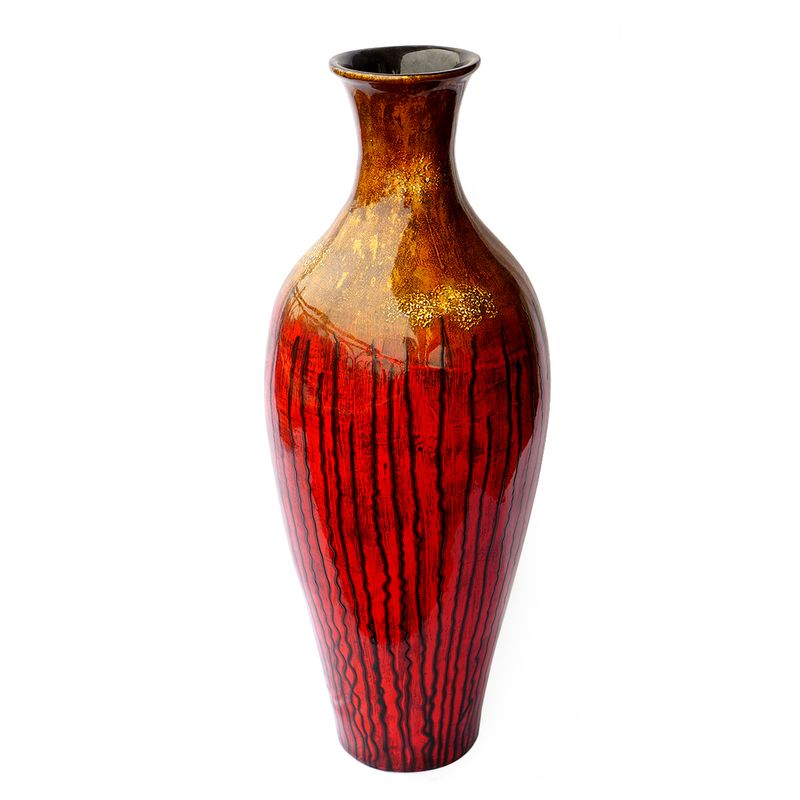 IA Crafts Red Vietnamese Lacquer Vase with Black Stripes Below