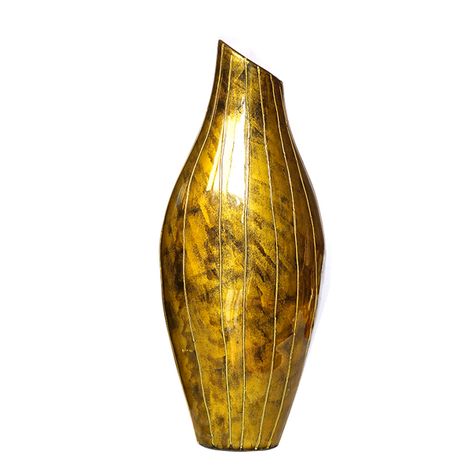 IA Crafts Short Yellow Vietnamese Lacquer pottery Vase with striped design