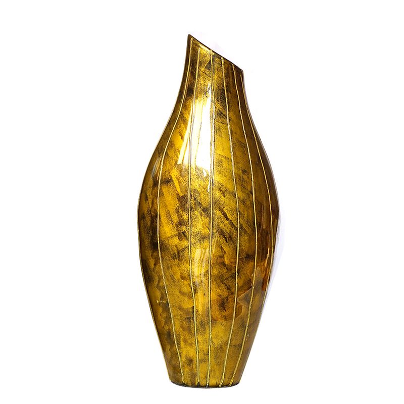 IA Crafts Short Yellow Vietnamese Lacquer pottery Vase with striped design