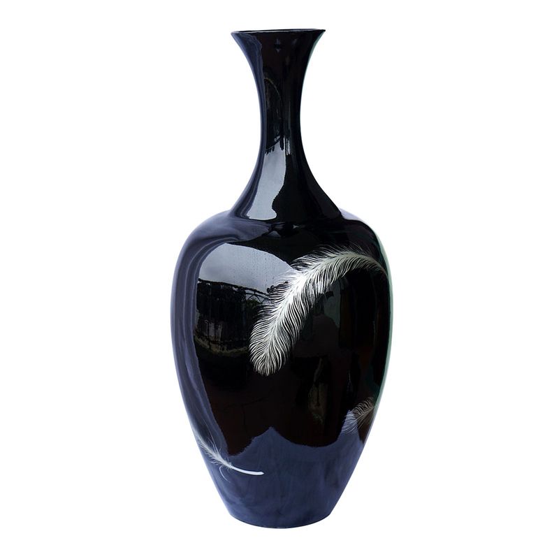 IA Crafts Long-Neck Black Vietnamese Lacquer Natural Bamboo Vases With Feather Design
