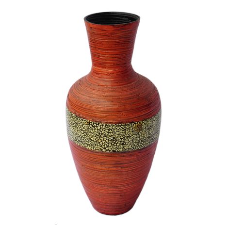 IA Crafts Red Vietnamese Lacquer Natural Bamboo Vase With An Eggshell Inlaid Edge