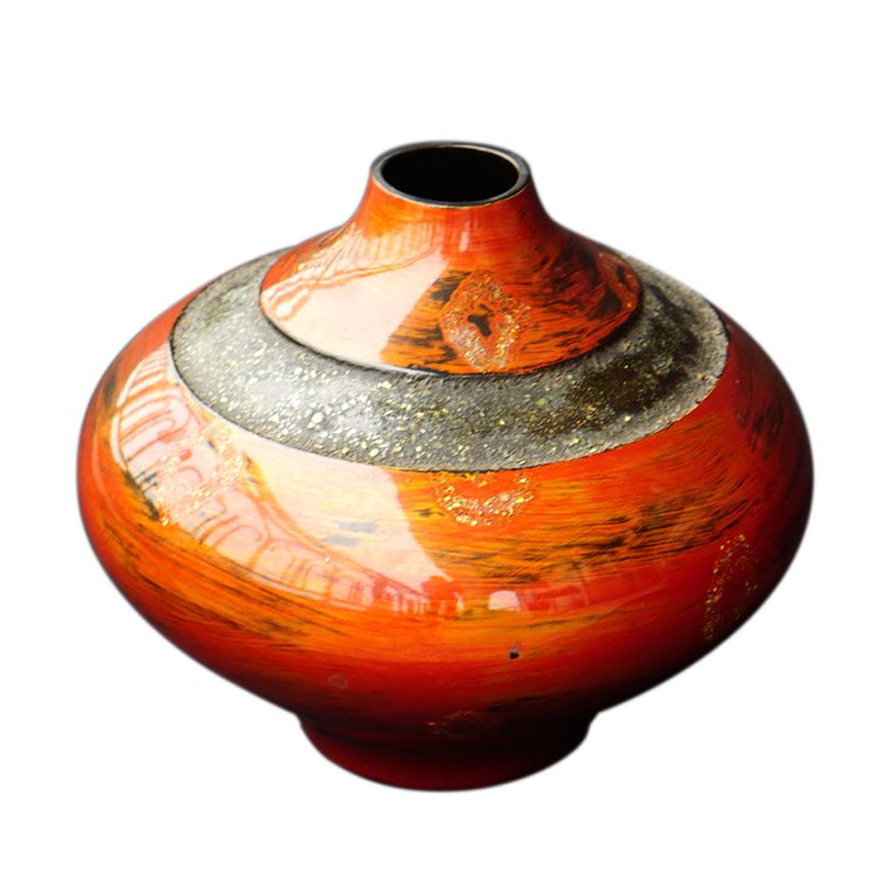IA Crafts Short Red Vietnamese Lacquer Painting Pottery Vase With Inlaid Eggshells