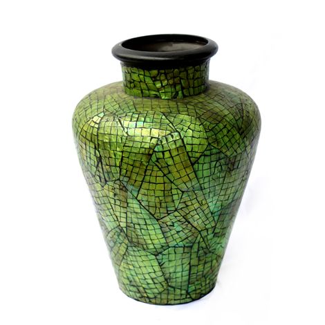 Ia crafts short green mother of pearl inlaid vietnamese lacquer painting pottery vase with mosaic design