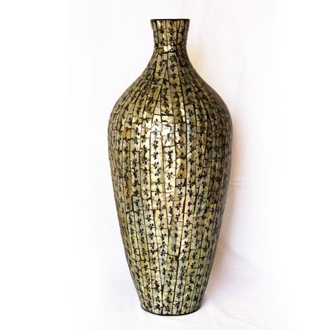 IA Crafts small black floral Mother of Pearl inlaid lacquer Natural Bamboo Vase with short neck