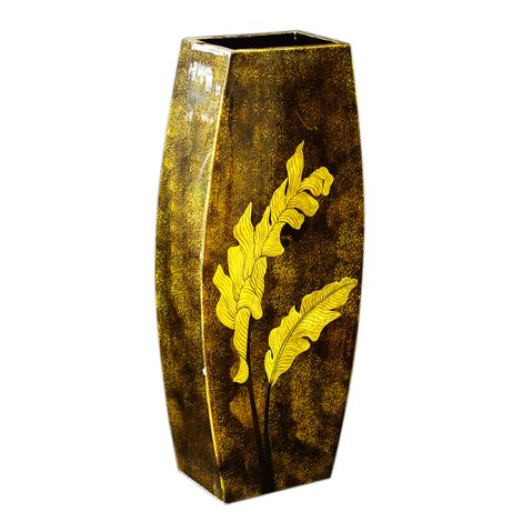 IA Crafts Large Mossy Yellow Vietnamese Lacquer Painting Vase with Banana Leave Design 